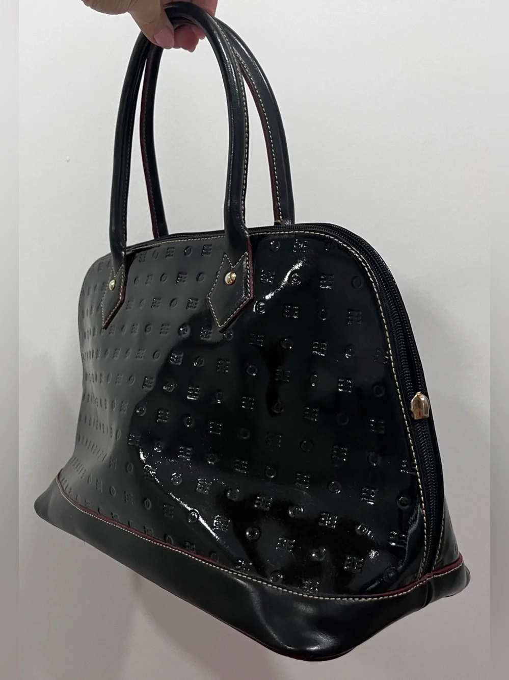 Arcadia Black Patent Leather Embossed Dome Satchel Bag Made in Italy